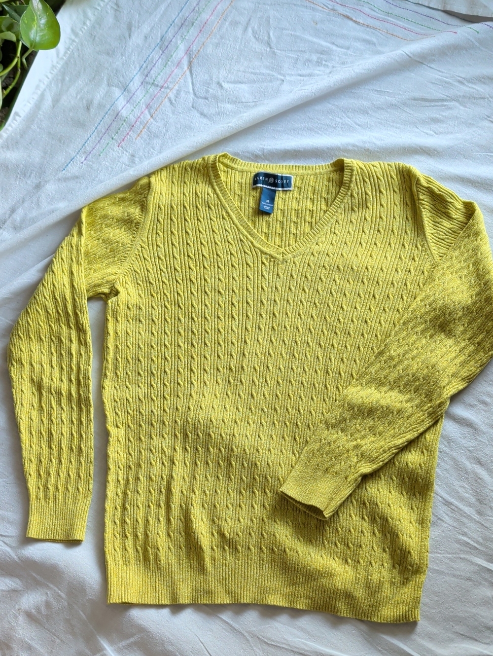 Karen Scott Bright Mint V-Neck Cable Sweater %100 Cotton Coastal Versatile Day